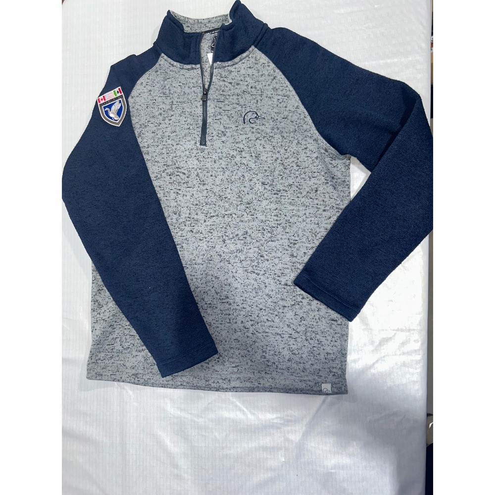 Ducks Unlimited Mens Quarter Zip‎ Pullover Sweater Grey Navy Blue Fleece Medium